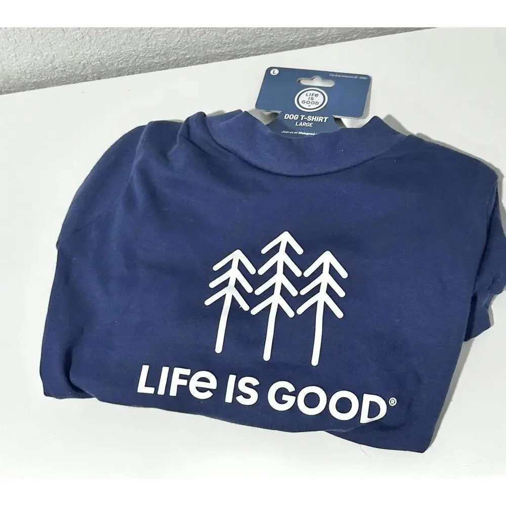 Life is Good Dog Tee T-Shirt Dark Blue with White Trees Size Large